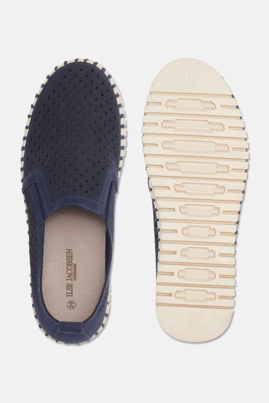 Chaussure ajourée style slip-on bleue avec semelle beige, vue de dessus et dessous, idéale pour légèreté et confort au quotidien.