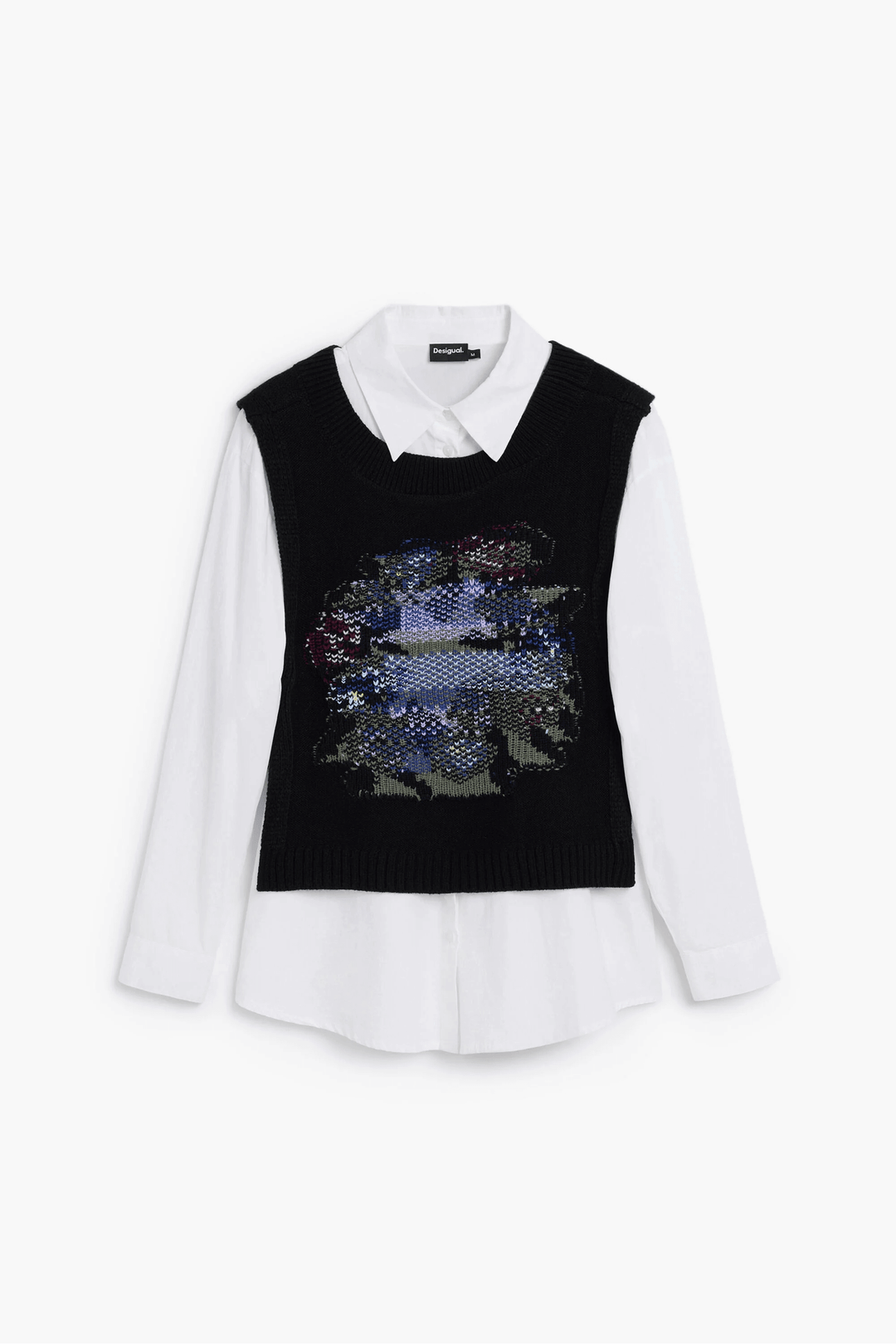 Chemise 2 en 1 à manches longues avec chandail sans manches intégré, présentant un design superposé moderne et raffiné.