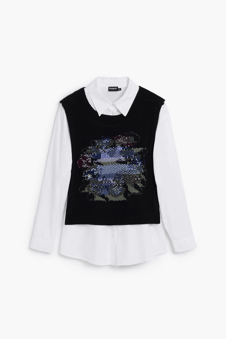 Chemise 2 en 1 à manches longues avec chandail sans manches intégré, présentant un design superposé moderne et raffiné.