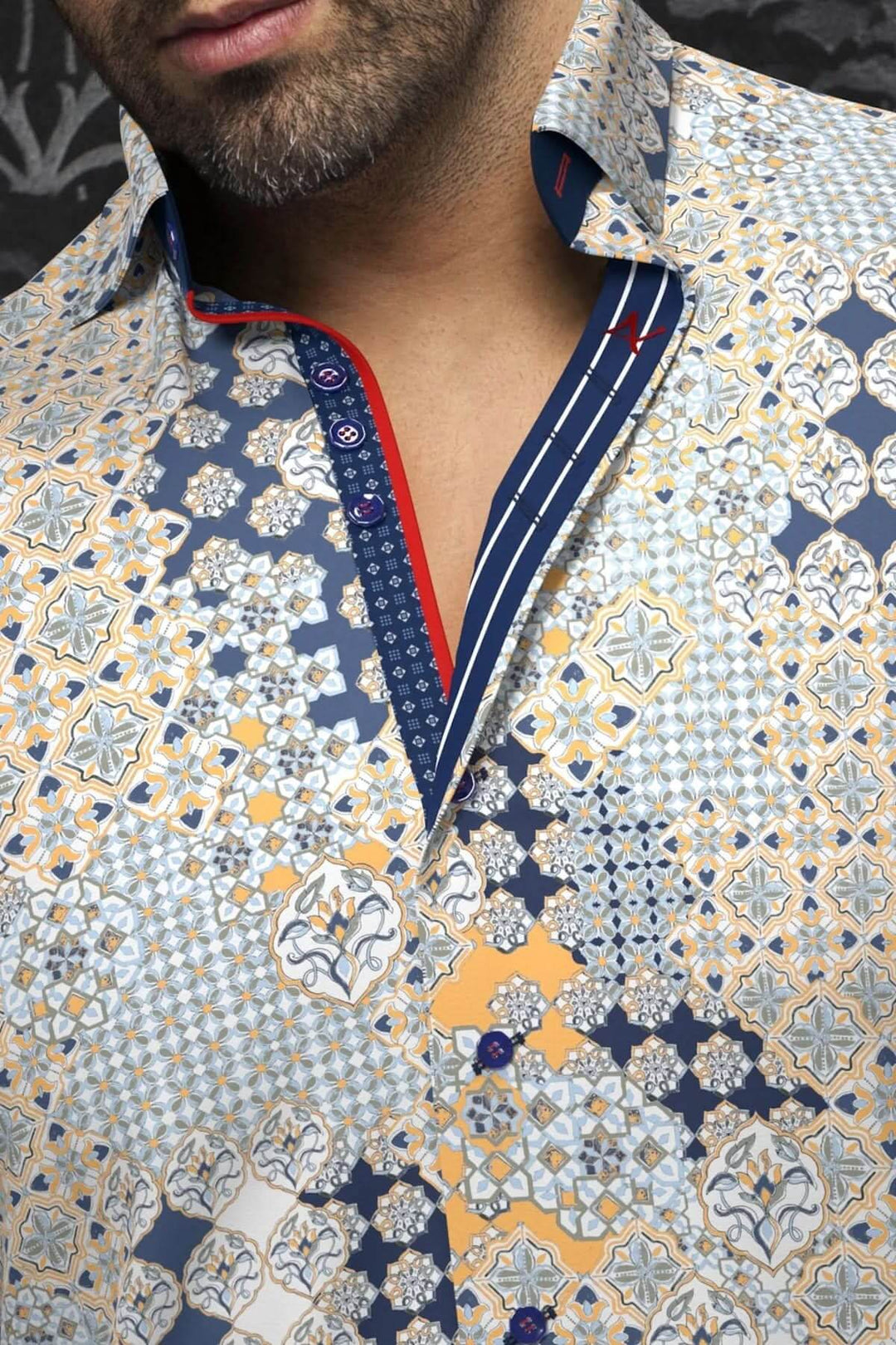 Chemise Carlson à motif géométrique mosaïque, col classique, style moderne et original.