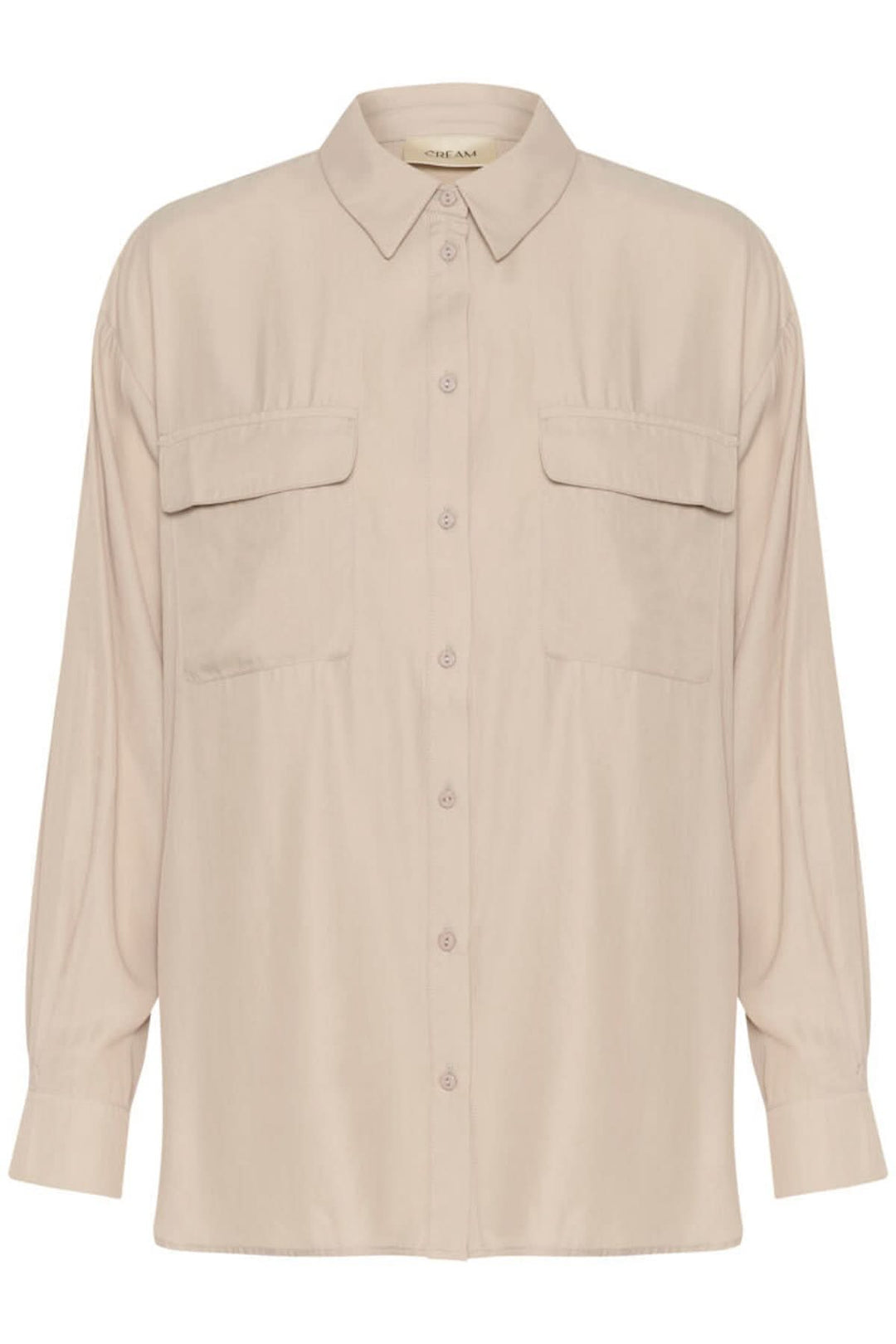 Chemise moderne beige à poches, manches amples et coupe fluide, parfaite pour un look décontracté et soigné.
