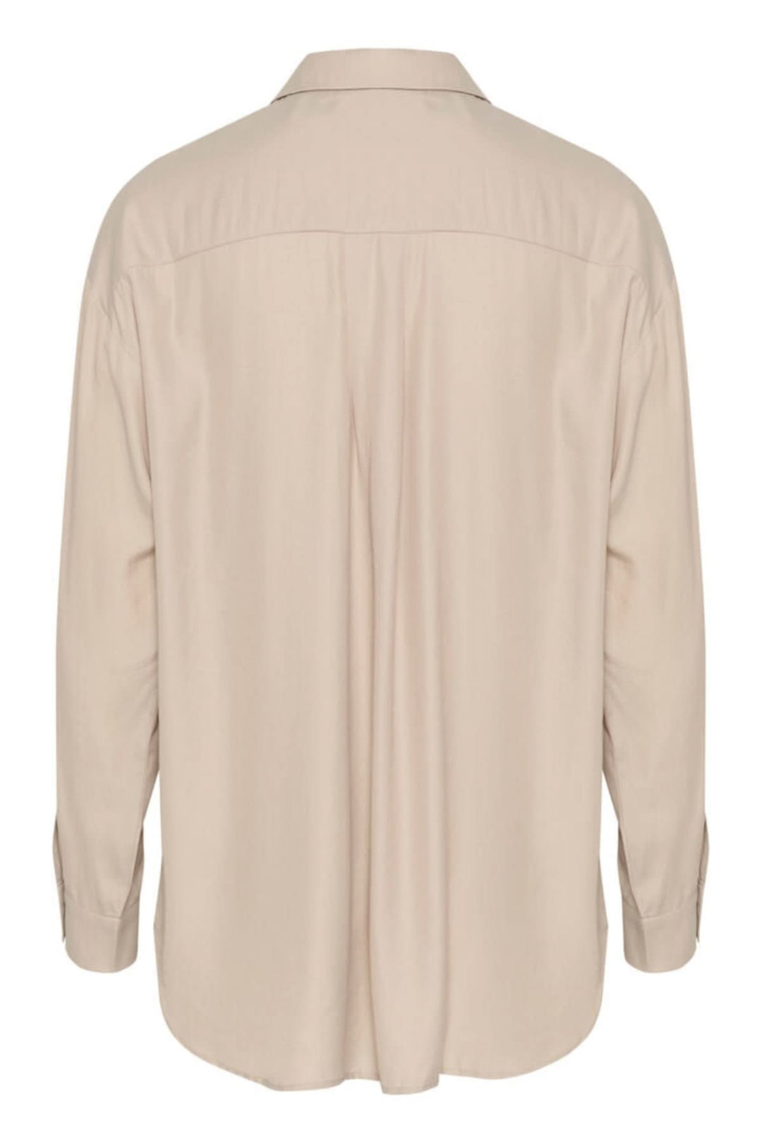 Dos d'une chemise moderne beige avec col classique et manches longues, offrant une allure décontractée.