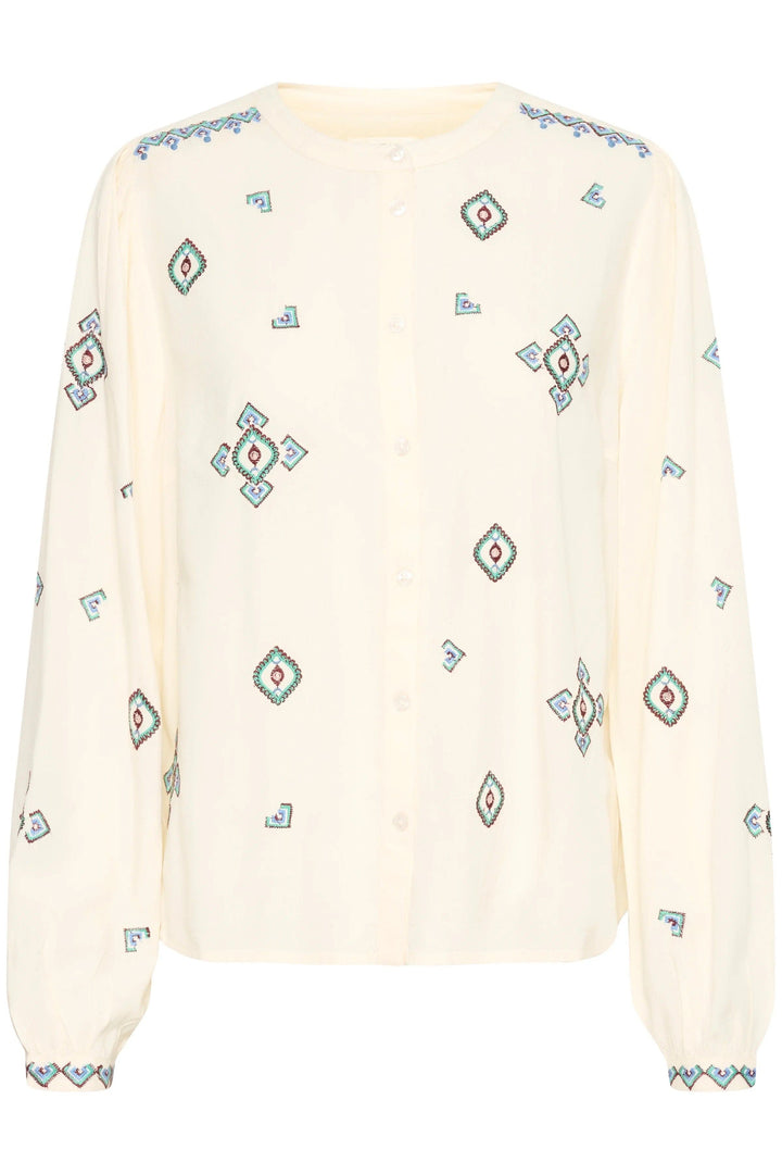 Chemise Isabell en viscose beige avec broderie colorée, manches longues et coupe droite, look intemporel.