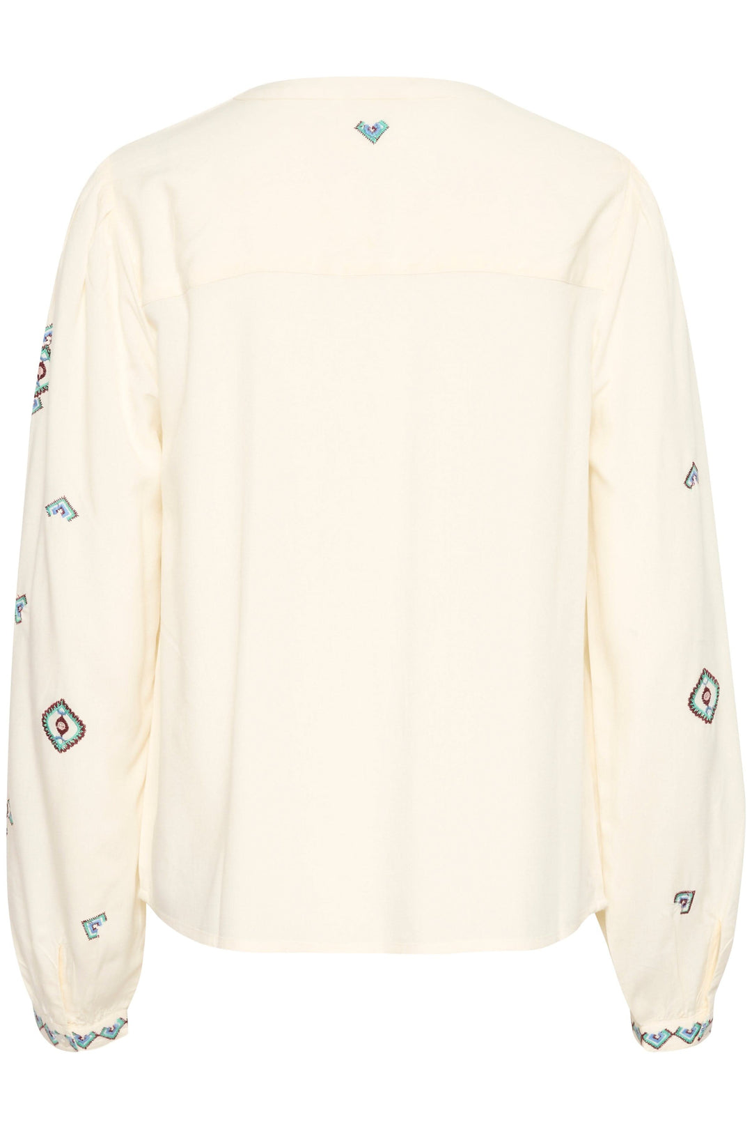 Chemise Isabell blanche à manches longues, broderies colorées, coupe droite, style intemporel.