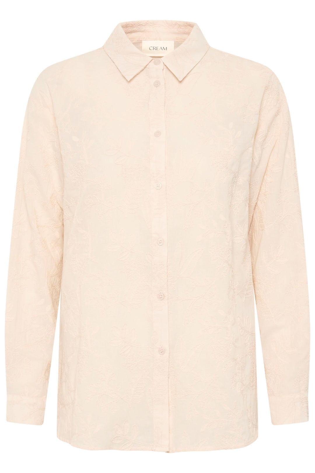 Chemise Luna élégante à broderies florales, coupe fluide, col classique, manches longues.