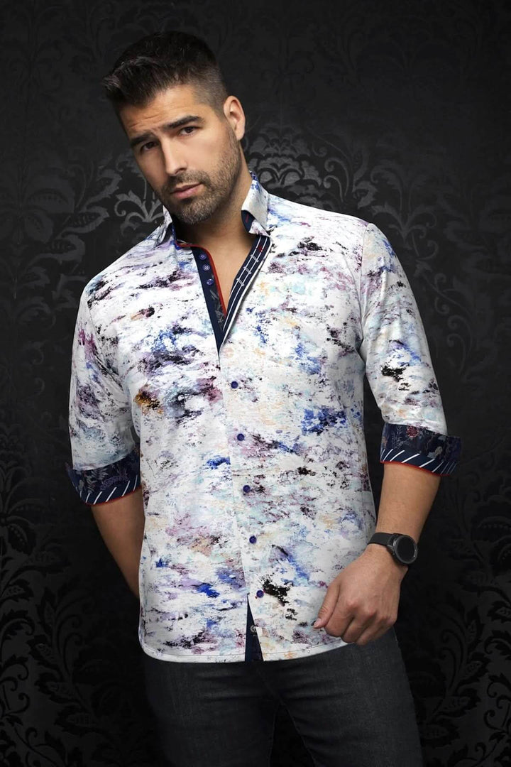 Chemise Magnani à motif abstrait, col classique, détails contrastants, parfaite pour un look décontracté ou de soirée.