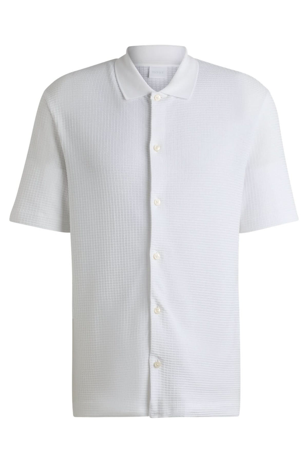 Chemise blanche PALLADIO en coton mercerisé, col sobre et structure gaufrée, coupe droite, style casual chic.