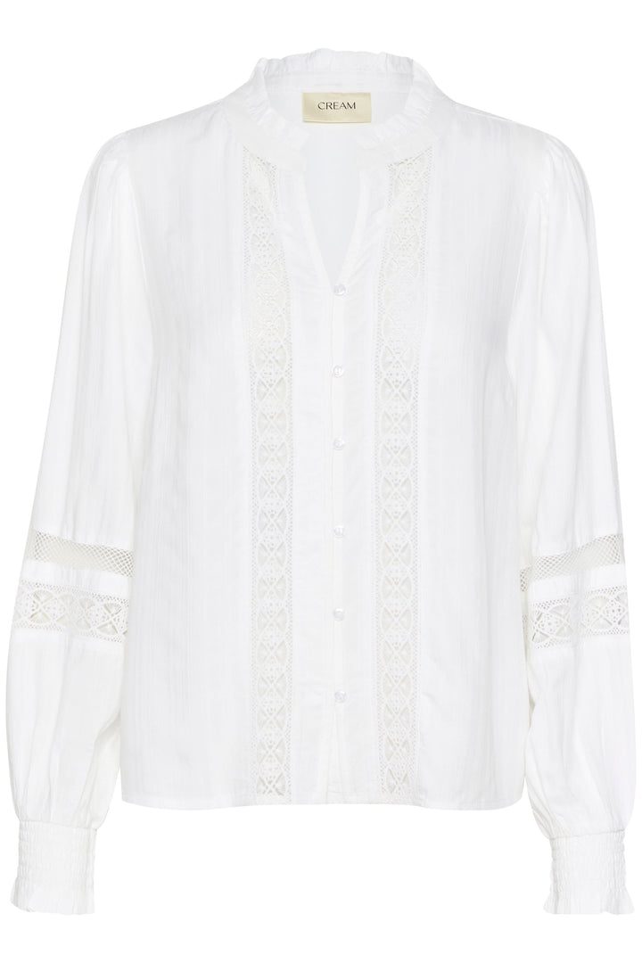 Chemise à manches longues blanches, ornée de dentelle délicate et d'un col rond fendu, élégante et confortable.