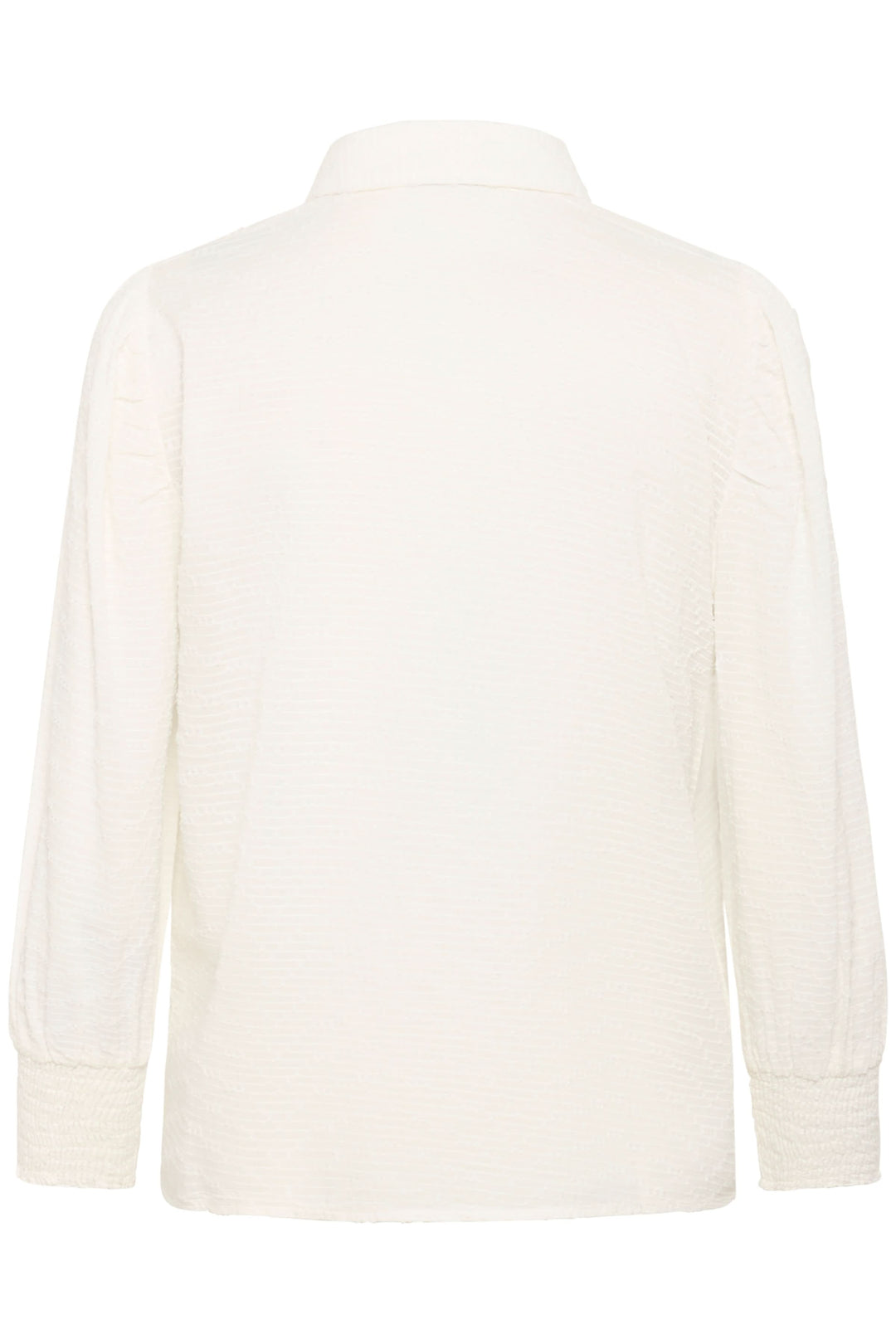 Vue arrière de la Chemise Penelope texturée à manches bouffantes blanche avec col chemise et tissu texturé.