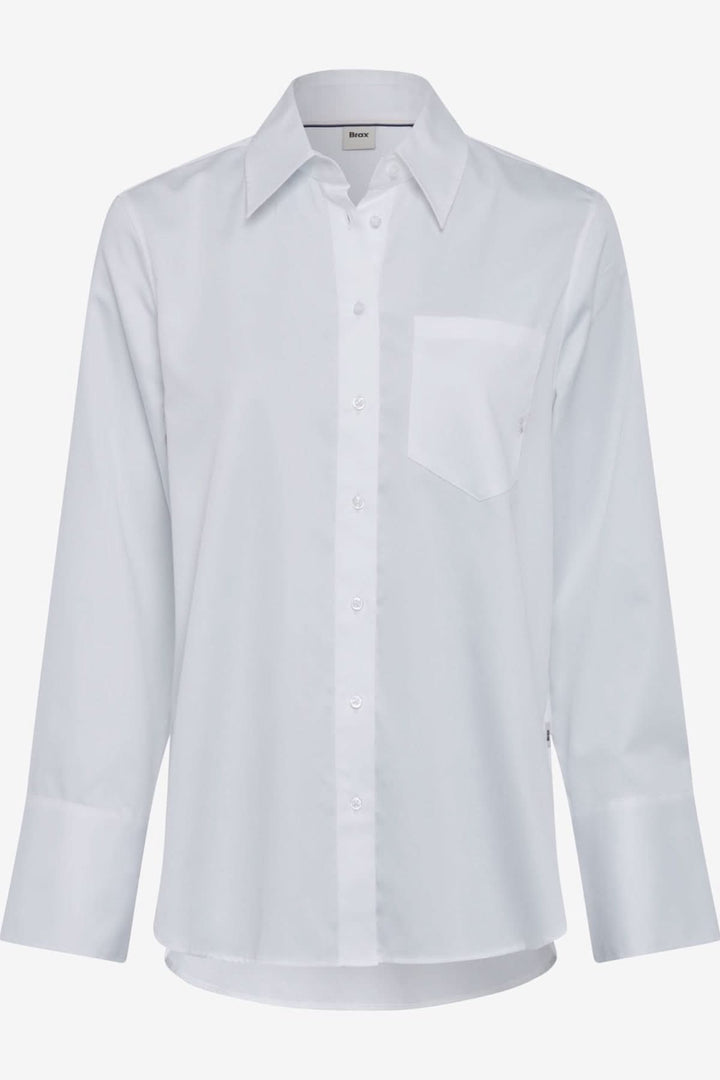 Chemisier Viki blanc, coupe oversize avec poche poitrine et col classique, idéal pour le printemps.