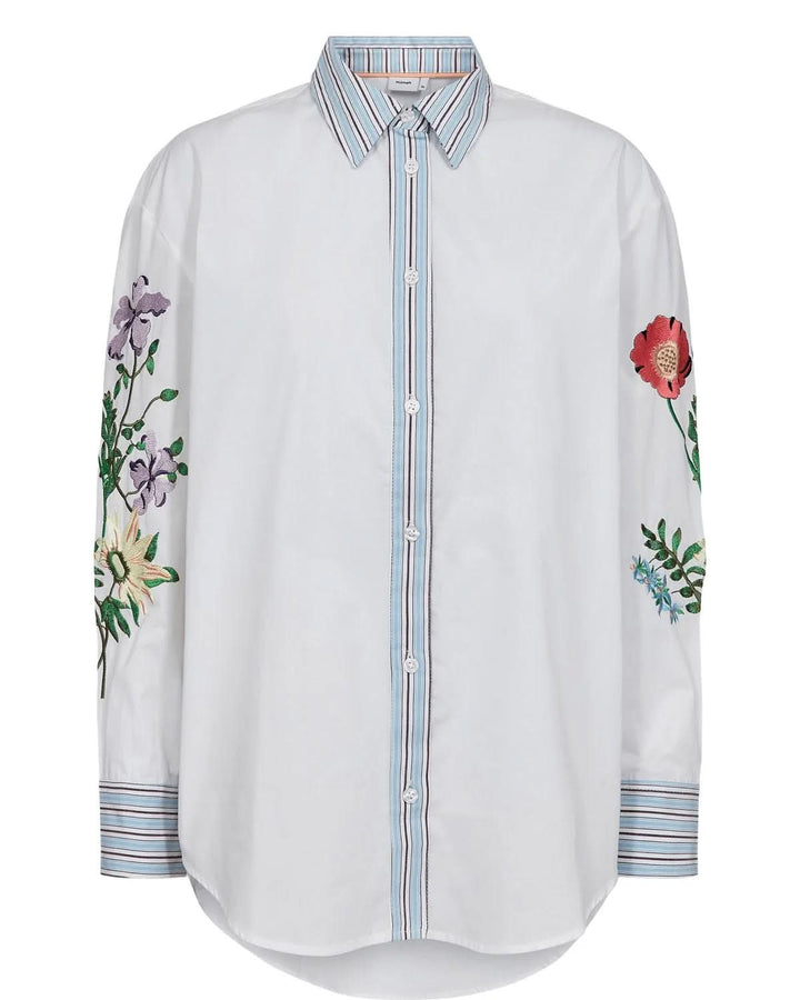 Chemise brodée à manches longues avec broderies florales et poignets rayés, élégante et artistique parfaite pour le quotidien.