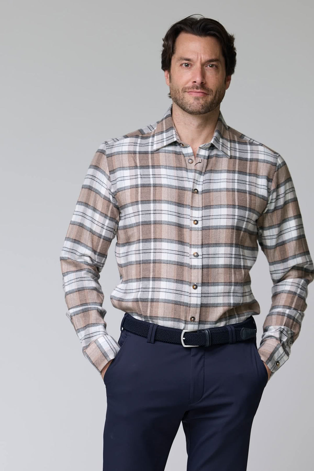 Beige and gray herringbone plaid shirt