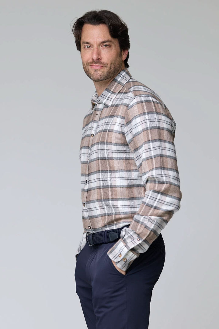 Beige and gray herringbone plaid shirt