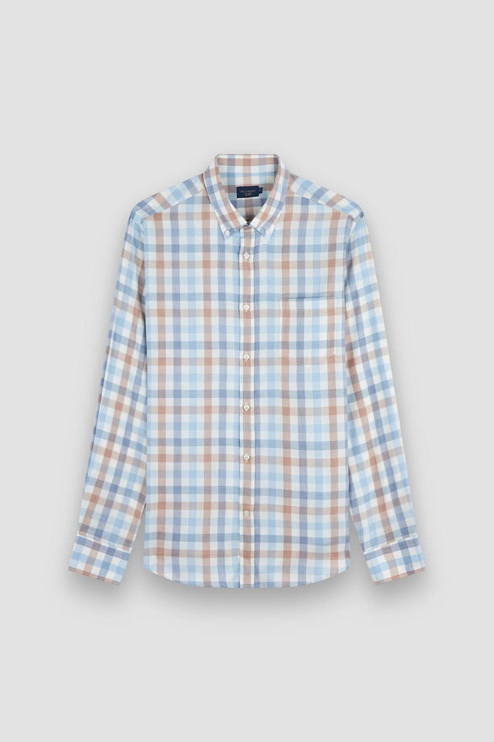 Chemise à carreaux manches longues col boutonné, motif classique et confortable pour une allure moderne.