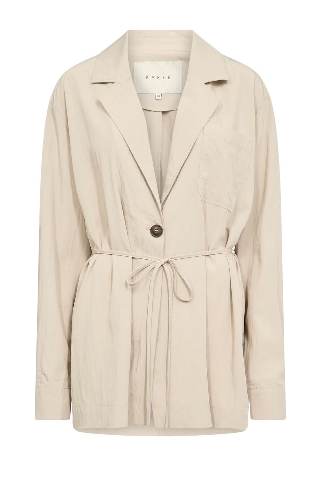 Blazer fluide à la coupe décontractée, col à revers, ceinture ajustable, couleur beige.