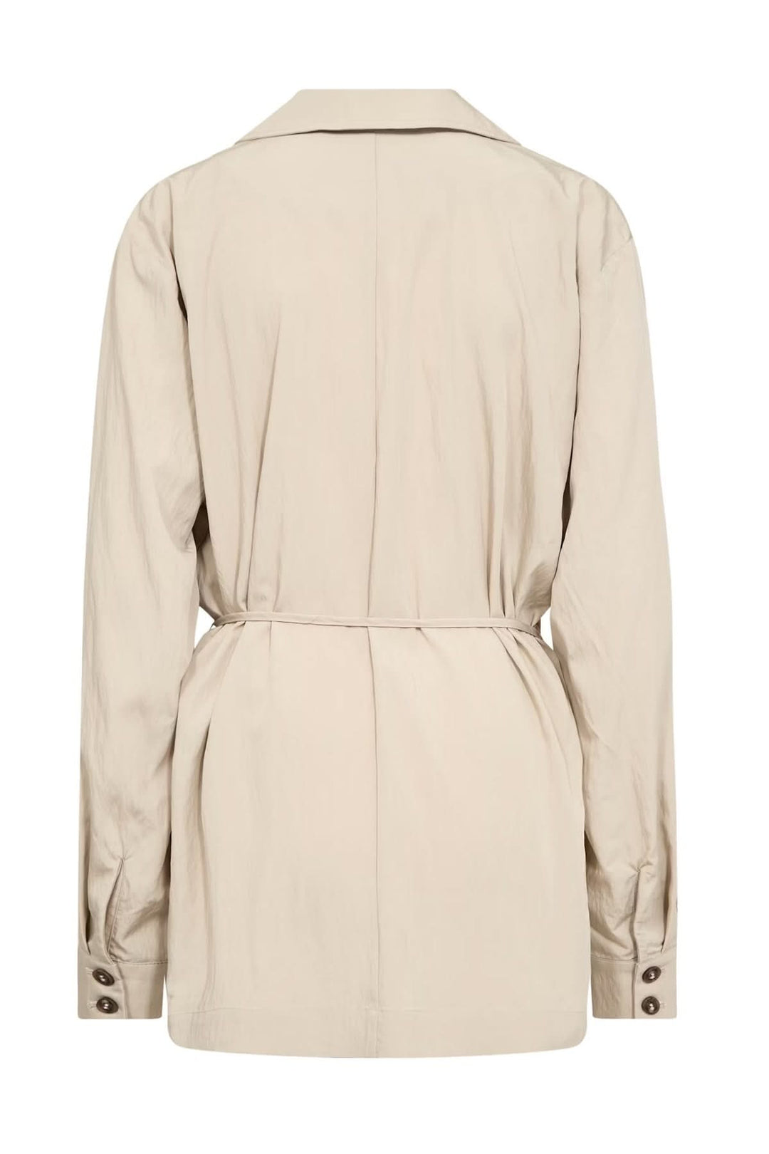 Blazer fluide beige à coupe décontractée avec ceinture ajustable et col à revers vu de dos.