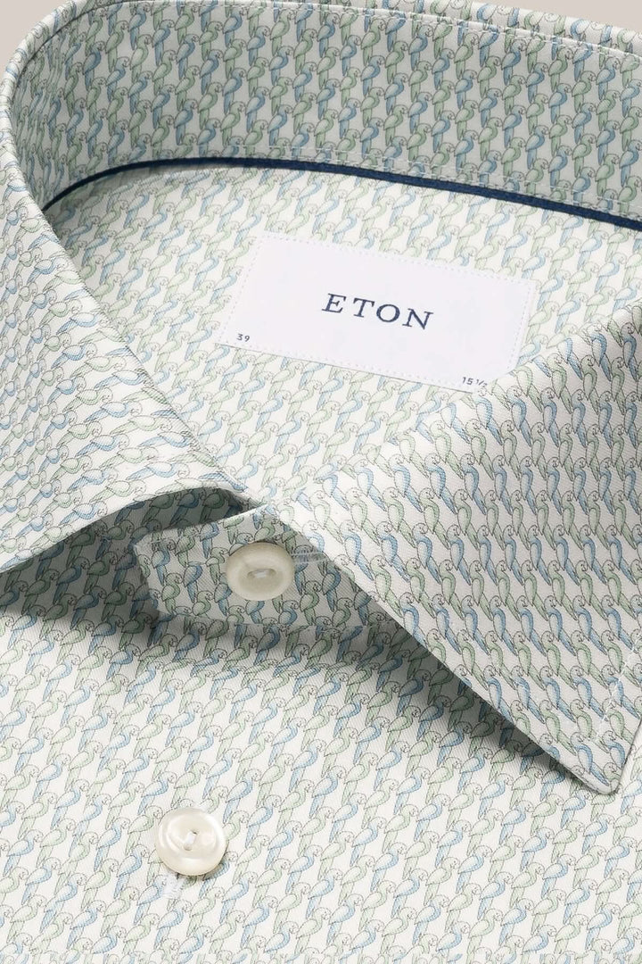 Chemise en coton avec imprimé perroquet, bleue et verte, élégante pour un style professionnel ou des occasions spéciales.
