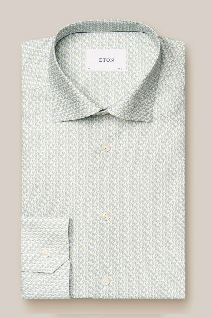 Chemise habillée en coton à motif subtil vert et bleu, idéal pour un look professionnel ou élégant.