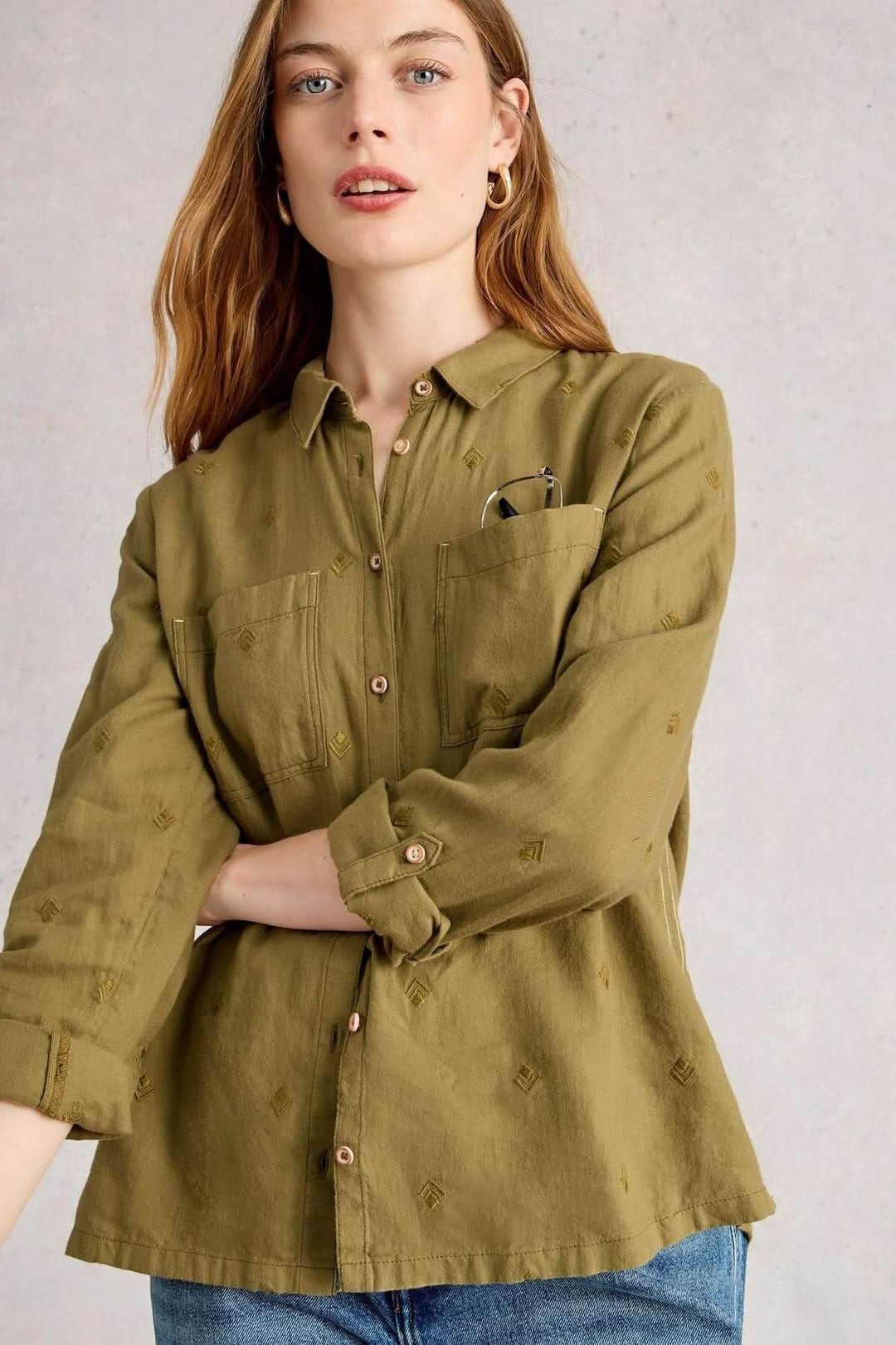 Patterned cotton shirt with roll-up sleeves