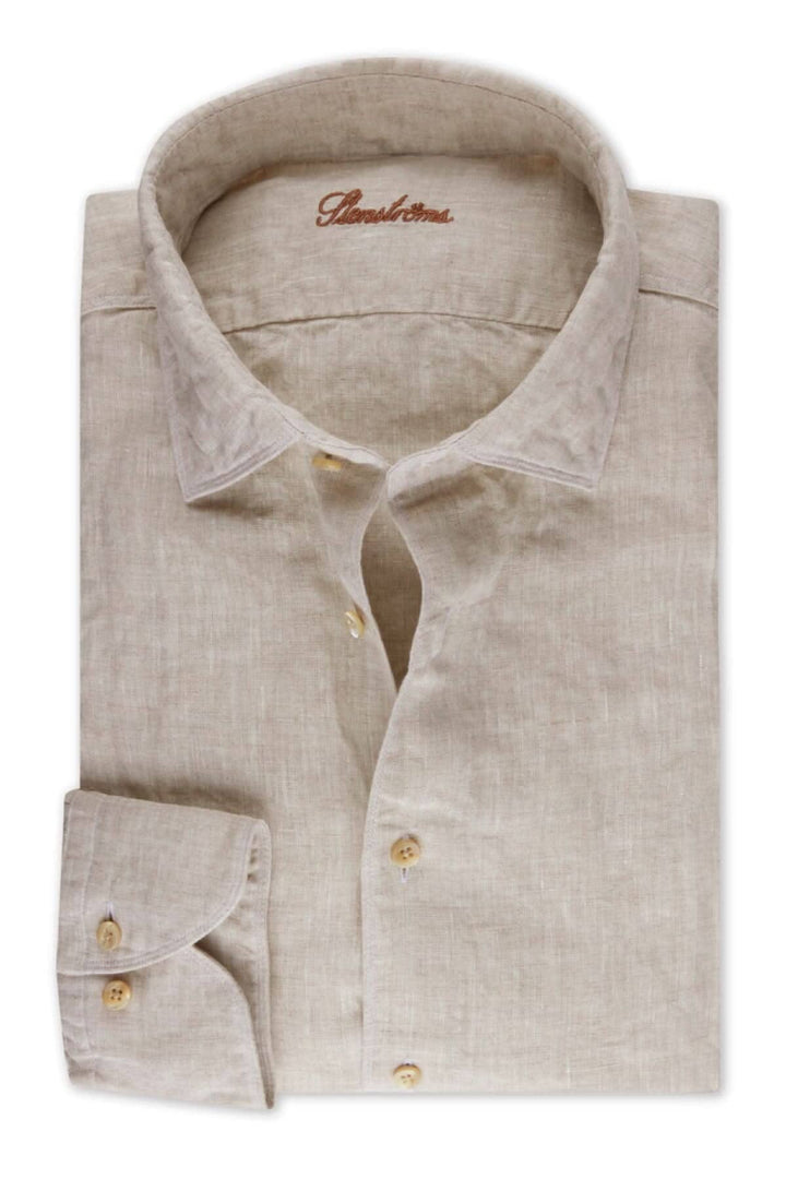 Chemise en lin beige, légère et respirante, avec col classique et boutons, idéale pour l&