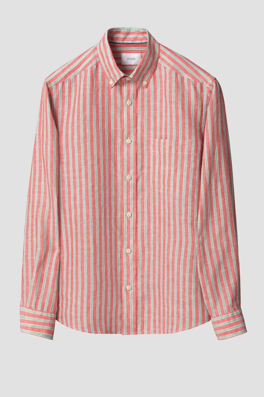 Chemise en lin à rayures multicolores, manches longues, coupe ajustée, col classique, idéale pour un style élégant et décontracté.