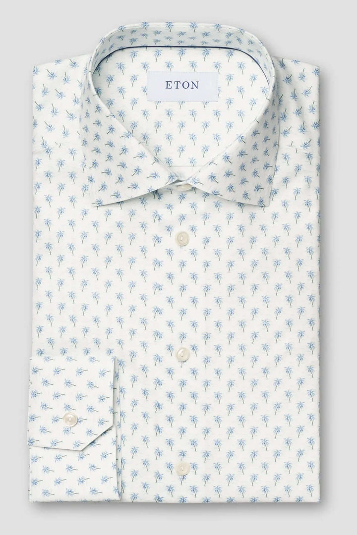 Chemise en sergé à motif palmier, col italien, élégante et confortable, pour un look intemporel.
