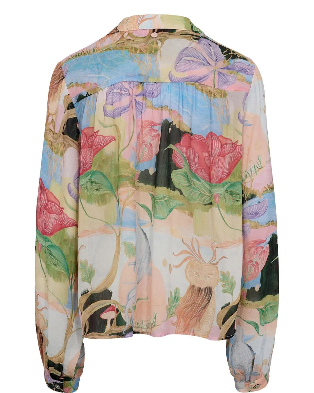 Chemise fluide imprimée à manches longues avec design artistique floral.