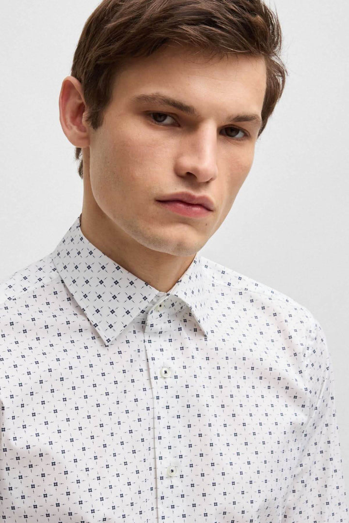 Chemise habillée en coton extensible à motif, style moderne, col Kent, look d'affaires élégant.