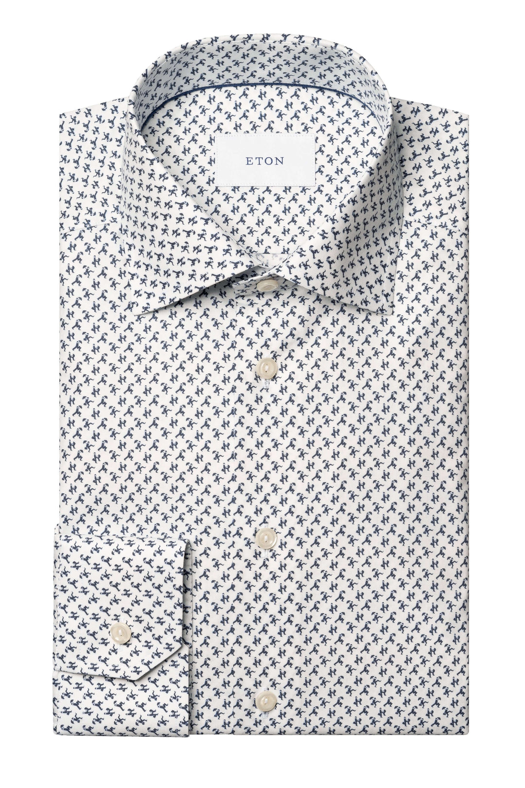 Chemise habillée Eton à imprimé original de petites silhouettes en mouvement sur fond blanc.
