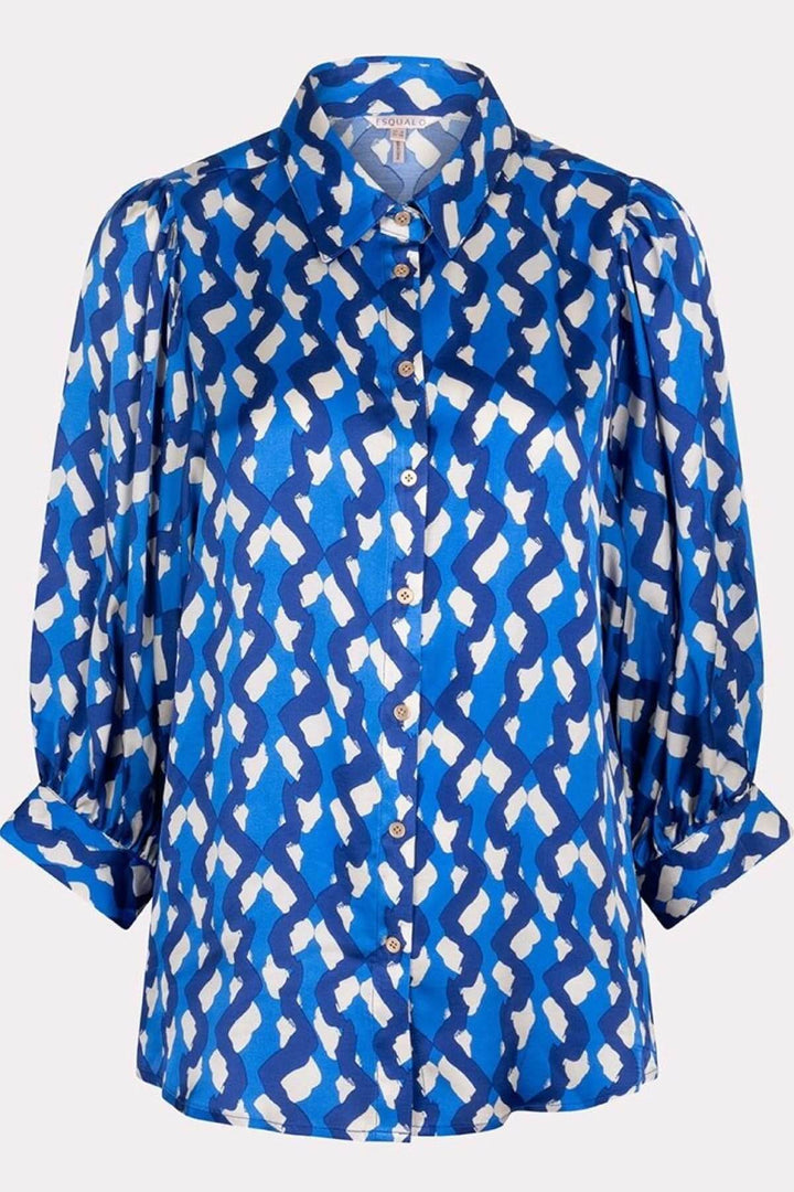 Chemise imprimée Utopia à motifs abstraits en satin bleu, coupe décontractée et manches bouffantes.