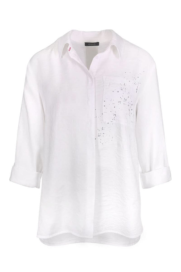Chemise imprimée à manches retroussables blanche avec col structuré et poche poitrine