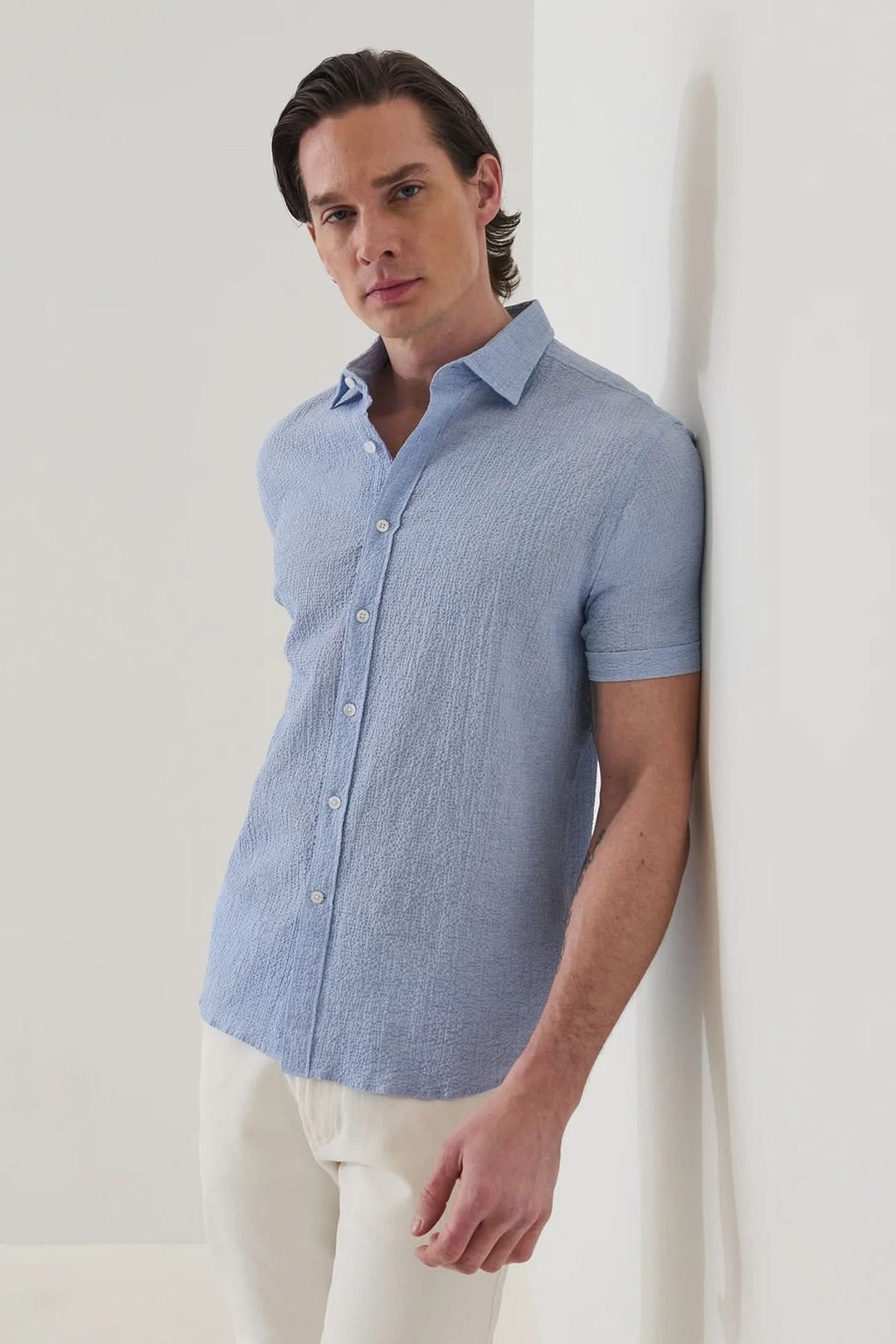 Chemise à manches courtes en seersucker extensible