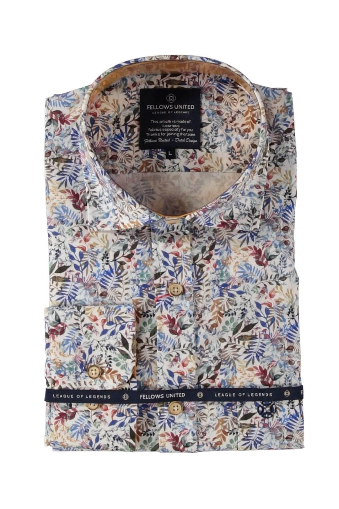 Chemise à manches courtes avec imprimé feuillage multicolore, coupe décontractée et tissu léger.