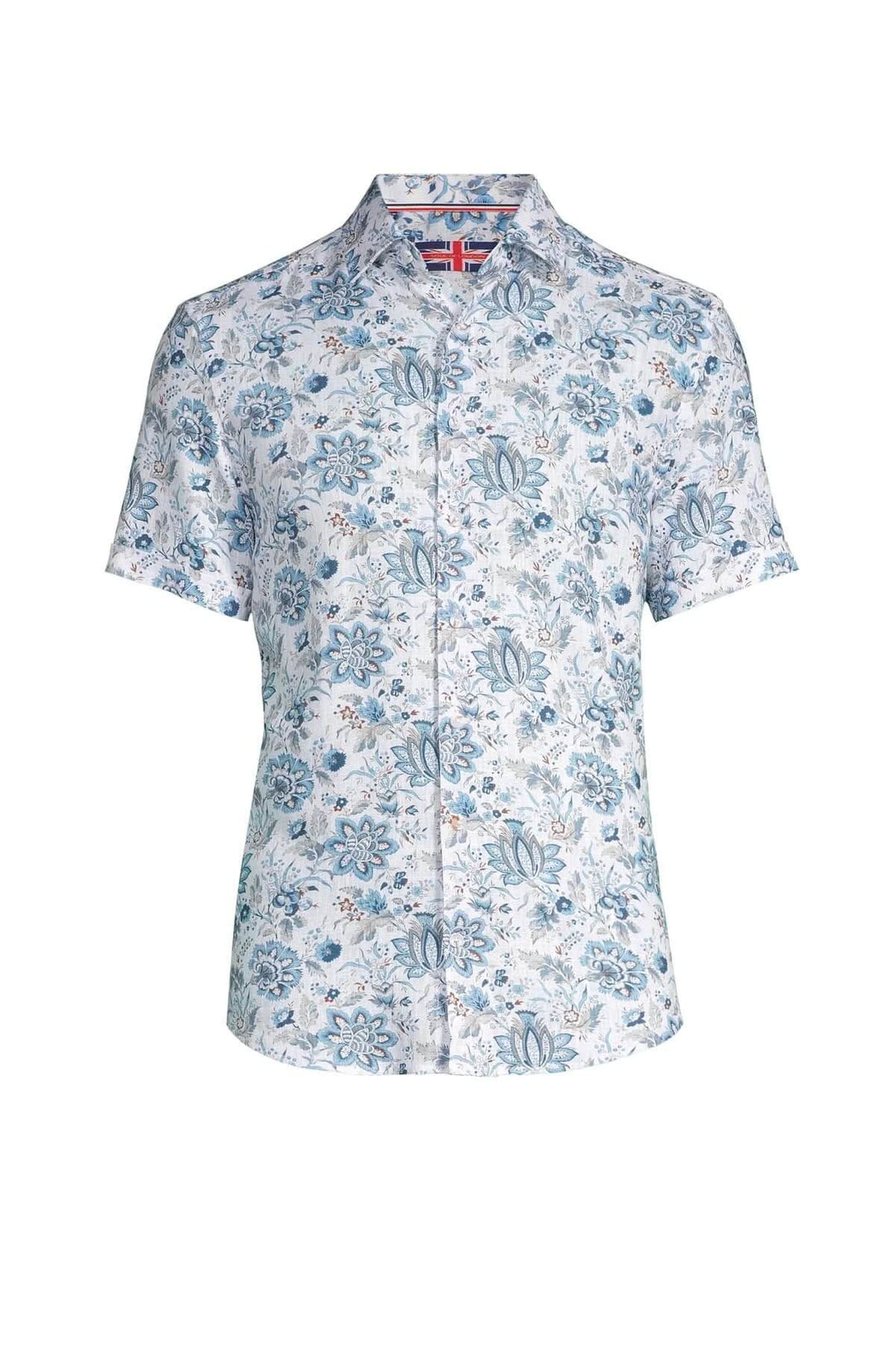 Chemise à manches courtes à motif floral bleu, idéale pour des tenues d'été élégantes.