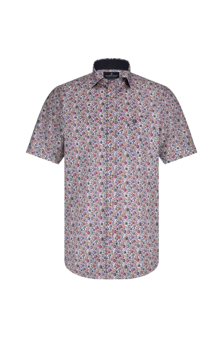 Chemise à pois diagonaux à manches courtes, imprimé coloré de cercles, col classique, style estival.