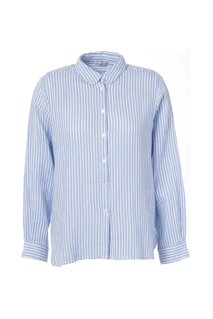 Chemise rayée à col arrondi en matière légère et texturée, coupe droite, motif rayé vertical, allure classique et décontractée.