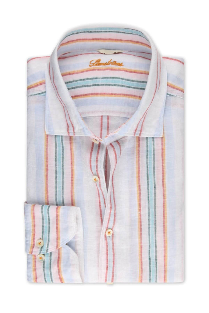 Chemise à rayures multicolores en lin, col classique et boutons en nacre, idéale pour l'été.