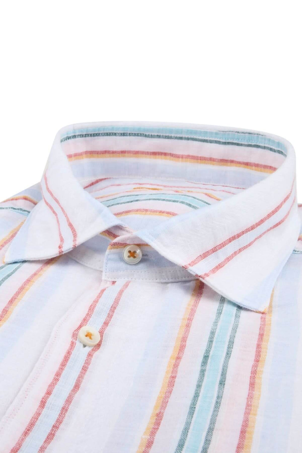 Chemise à rayures multicolores en lin avec col classique et boutons en nacre, idéale pour l'été.