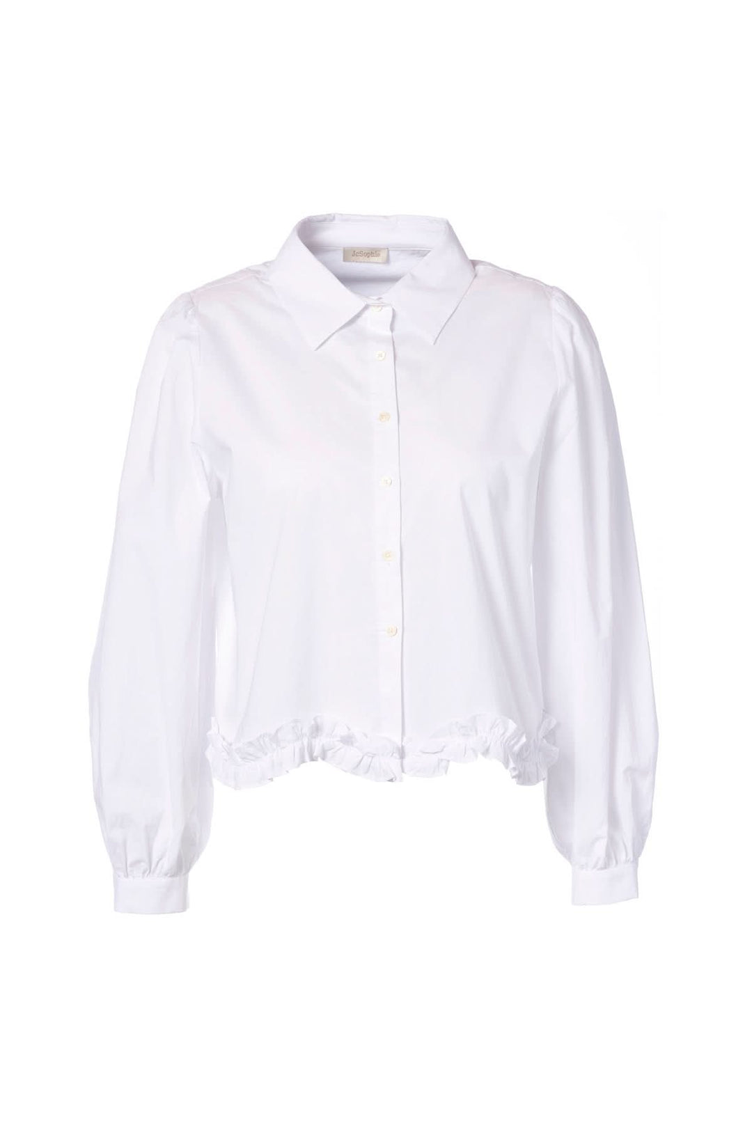 Chemise à volants et manches ballon blanche avec col classique et manches longues.