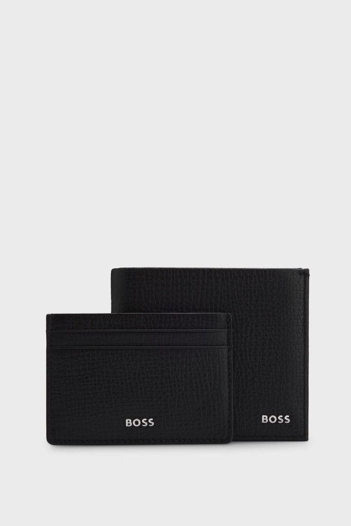 Coffret cadeau porte-cartes et portefeuille en cuir grainé noir pour homme, design élégant et moderne