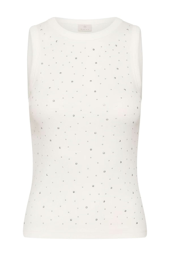 Débardeur blanc sans manches avec strass, encolure ronde, maille côtelée, coupe ajustée, style chic et moderne.