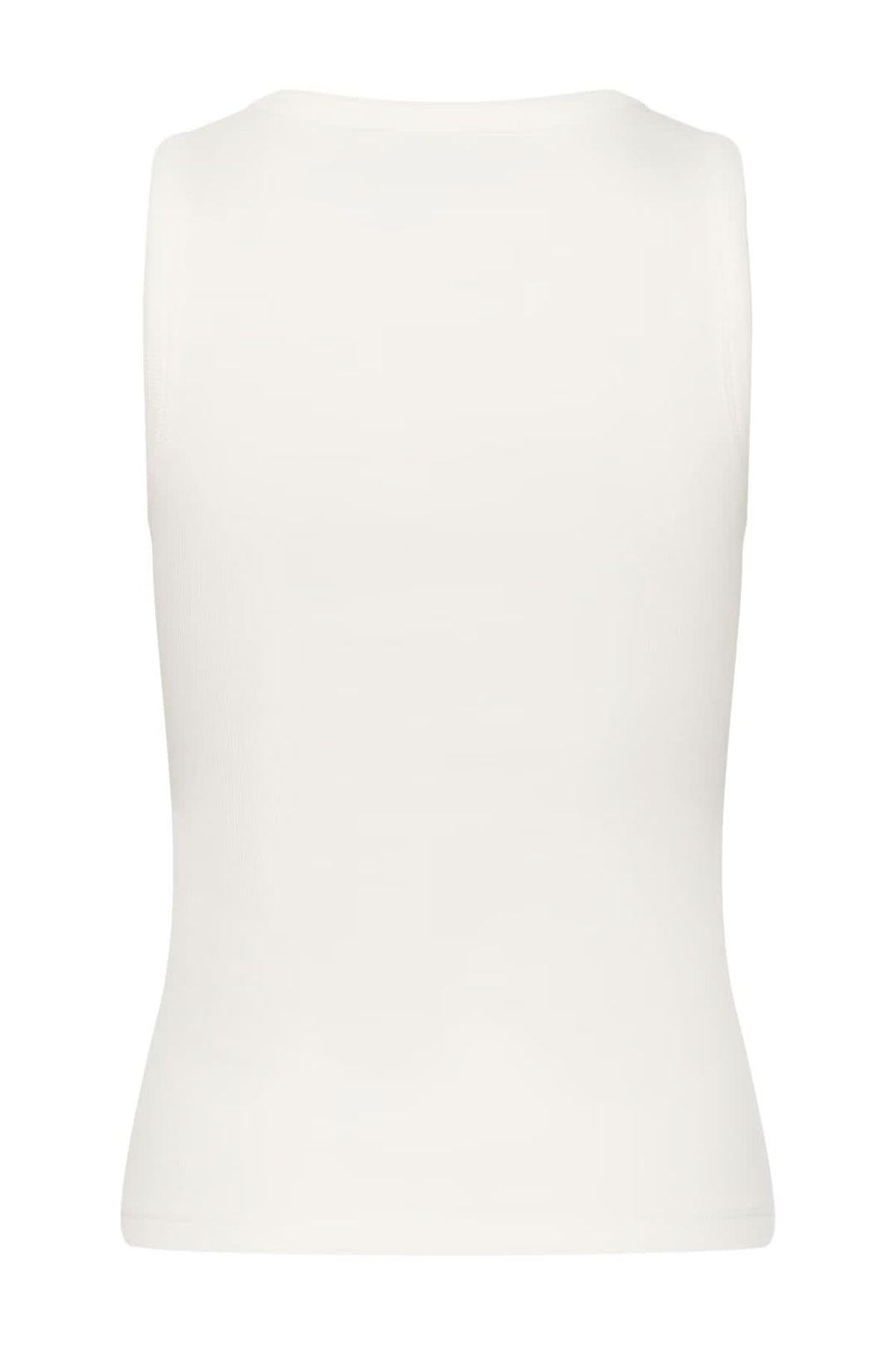 Débardeur blanc sans manches avec coupe ajustée, détails de strass discrets à l'avant, encolure ronde et maille côtelée pour un style moderne.