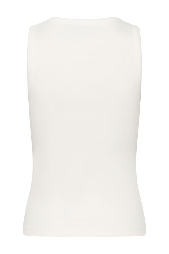 Débardeur blanc sans manches avec coupe ajustée, détails de strass discrets à l'avant, encolure ronde et maille côtelée pour un style moderne.