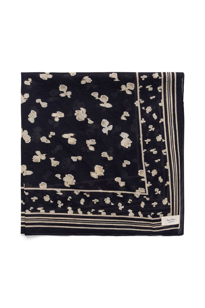 Foulard Phi élégant en coton, motifs délicats sur fond noir, idéal pour accessoiriser toute tenue.