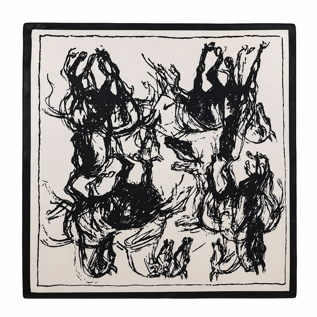 Foulard carré imprimé artistique avec motif noir contrasté, tissu léger et fluide, idéal pour accessoiriser tenues et sacs.