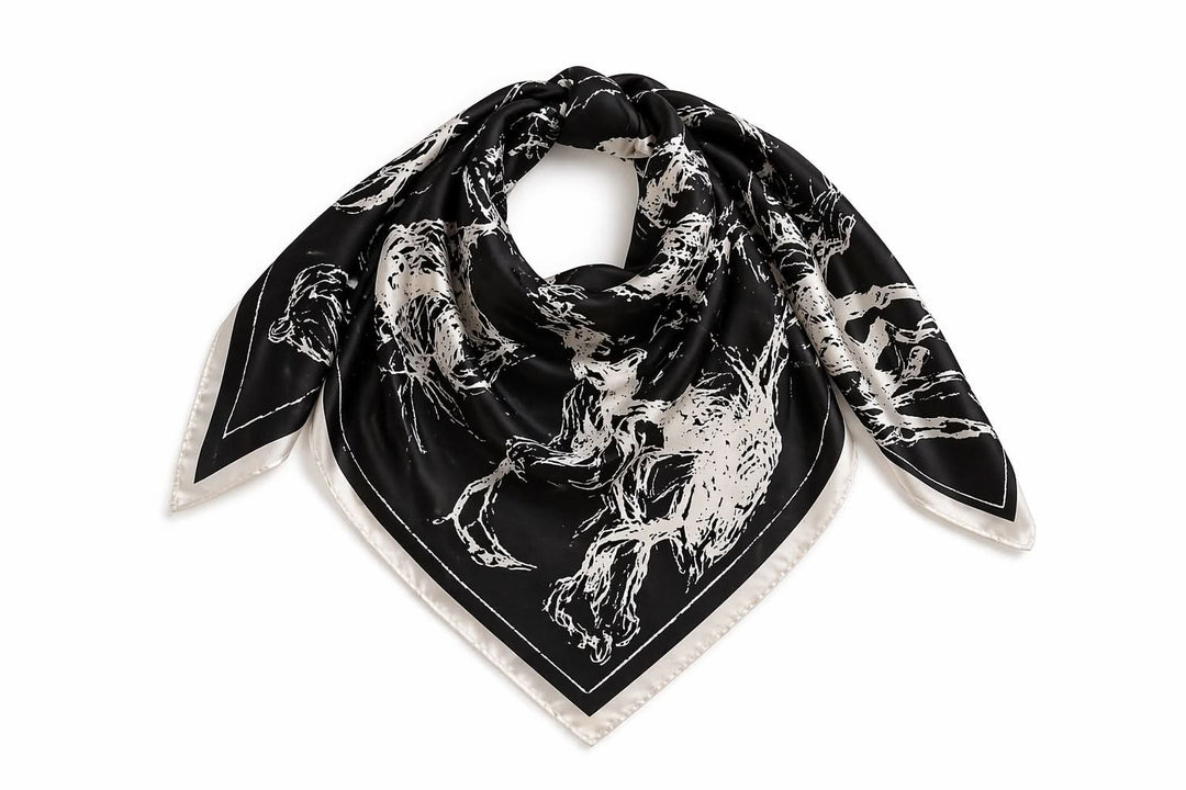 Foulard carré imprimé artistique en soie noire avec motif contrasté, format 53 x 53 cm, élégant et polyvalent.