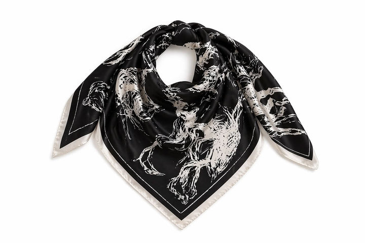 Foulard carré imprimé artistique en soie noire avec motif contrasté, format 53 x 53 cm, élégant et polyvalent.
