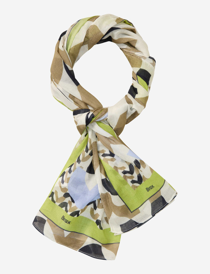 Foulard imprimé graphique JANINE avec motifs géométriques et superpositions artistiques, accessoire moderne et polyvalent.