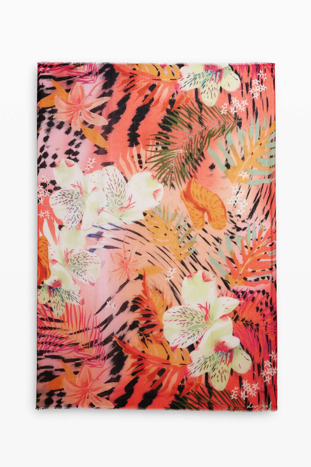 Foulard léger à imprimé tropical aux motifs vibrants et texture douce, idéal autour du cou, dans les cheveux ou sur un sac.