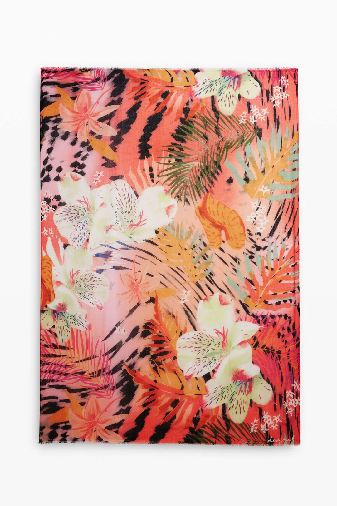 Foulard léger à imprimé tropical aux motifs vibrants et texture douce, idéal autour du cou, dans les cheveux ou sur un sac.